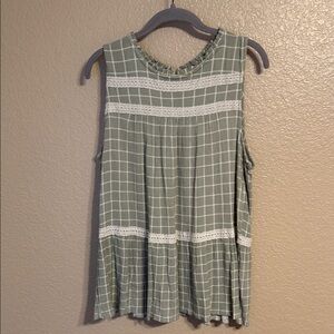 Maurices Sage Green Plaid Tank Top with White Lace Trim